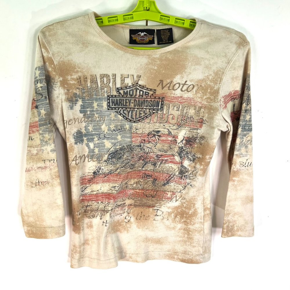 Harley-Davidson 3/4 Long Sleeve AOP Shirt Womens Size S Sequins Cotton